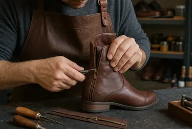 Sapateiro consertando zíper de bota em Guarapuava.