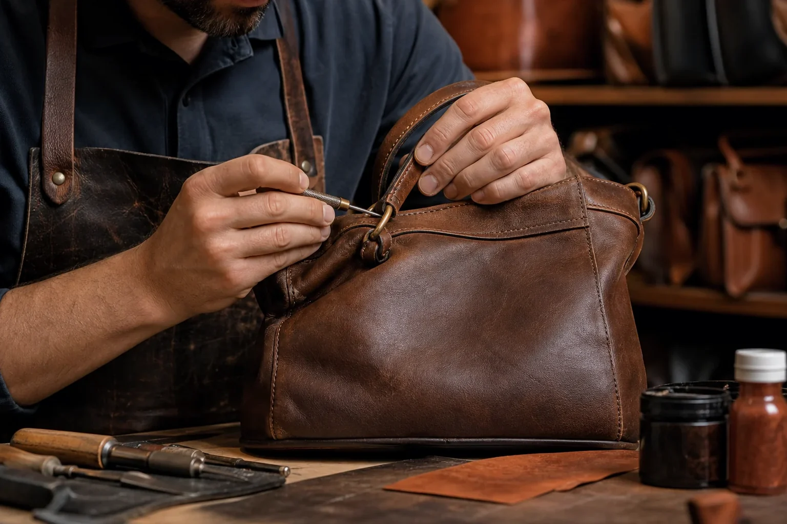 Sapateiro reformando bolsa de couro em Guarapuava.